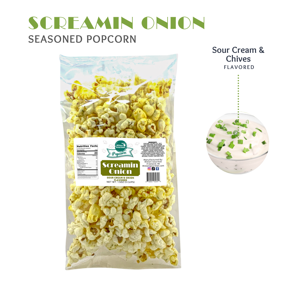 Small Batch Gourmet Sour Cream & Onion, Snack, Sour Cream & Onion Popcorn, Seasoned Popcorn, Sour Cream & Onion Flavored, Popcorn