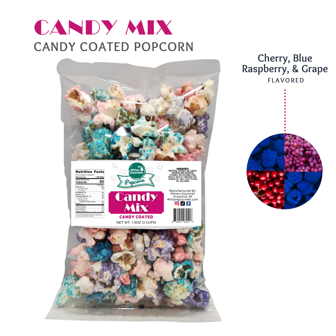 Small Batch Gourmet Candy Blue Raz, Cherry, Grape, Blue Raz Cherry Grape Candy Popcorn, Candy Popcorn