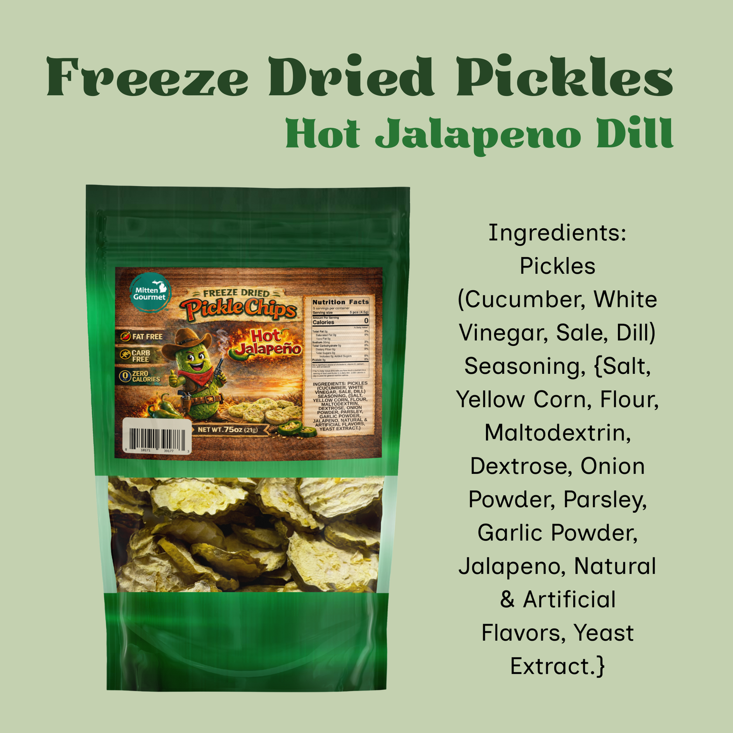 Jalapeno Dill Pickle Chips, Freeze Dried, Fat Free, Zero Calories, 0.75 oz
