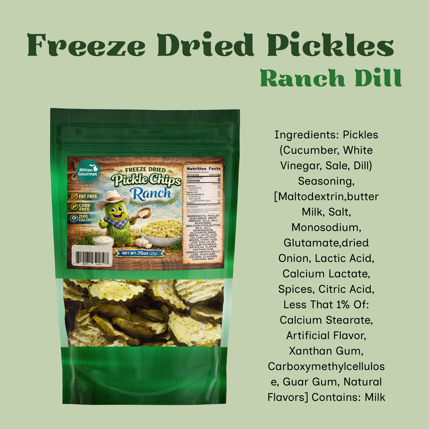 Ranch Dill Pickle Chips, Freeze Dried, Fat Free, Zero Calories, 0.75 oz